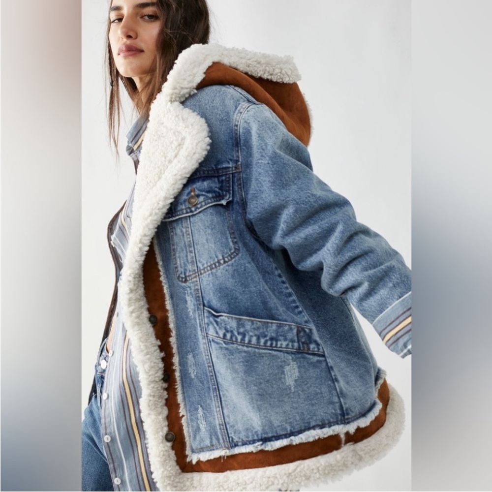 Free People Blue Denim Jacket with Brown Lining